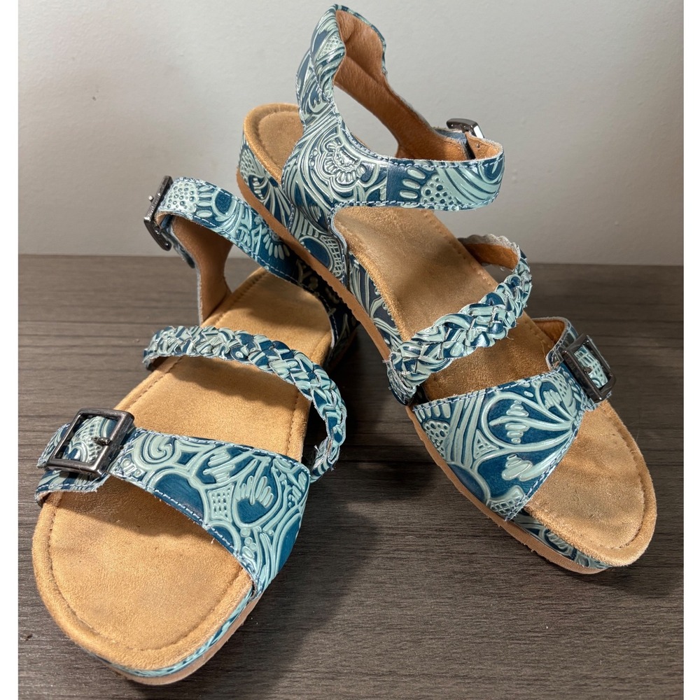 Brioso Solero Moroccan Blue Floral Tooled Leather Bohemian Sandals Size 10M